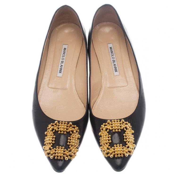 Pre Owned Manolo Blahnik Black Leather Hangisi Ballet Flats 39.5