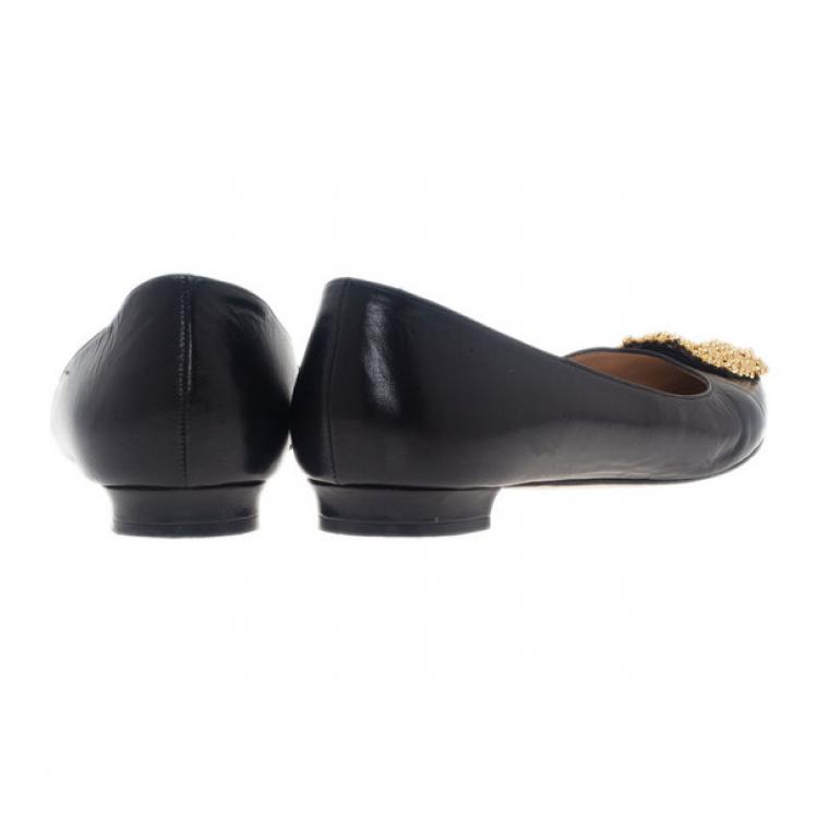 Pre Owned Manolo Blahnik Black Leather Hangisi Ballet Flats 39.5