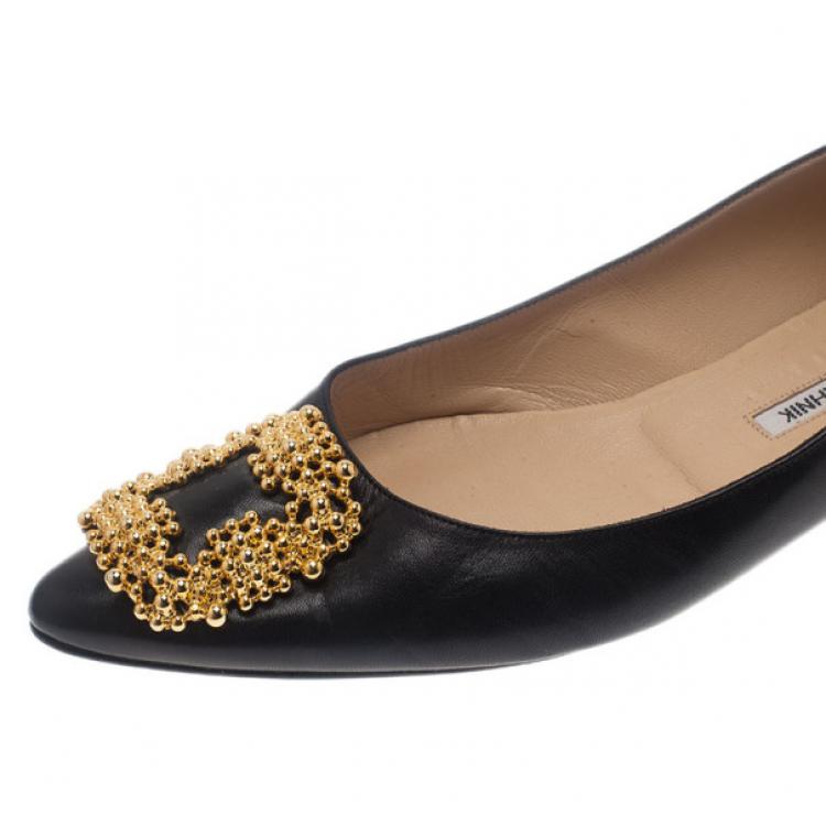Pre Owned Manolo Blahnik Black Leather Hangisi Ballet Flats 39.5