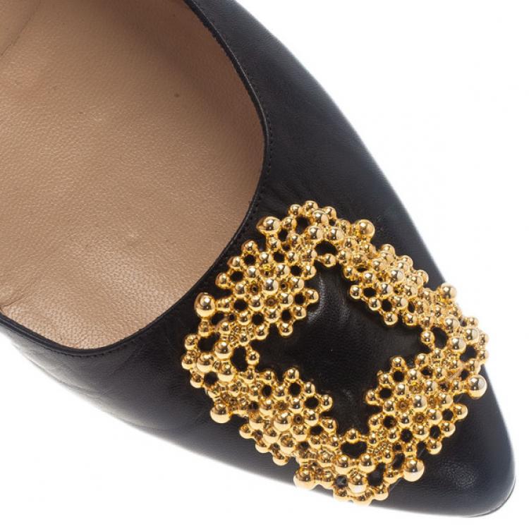 Pre Owned Manolo Blahnik Black Leather Hangisi Ballet Flats 39.5