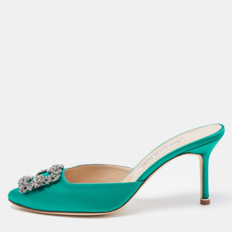 Pre Owned Manolo Blahnik Green Satin Hangisi Mules Size 37.5