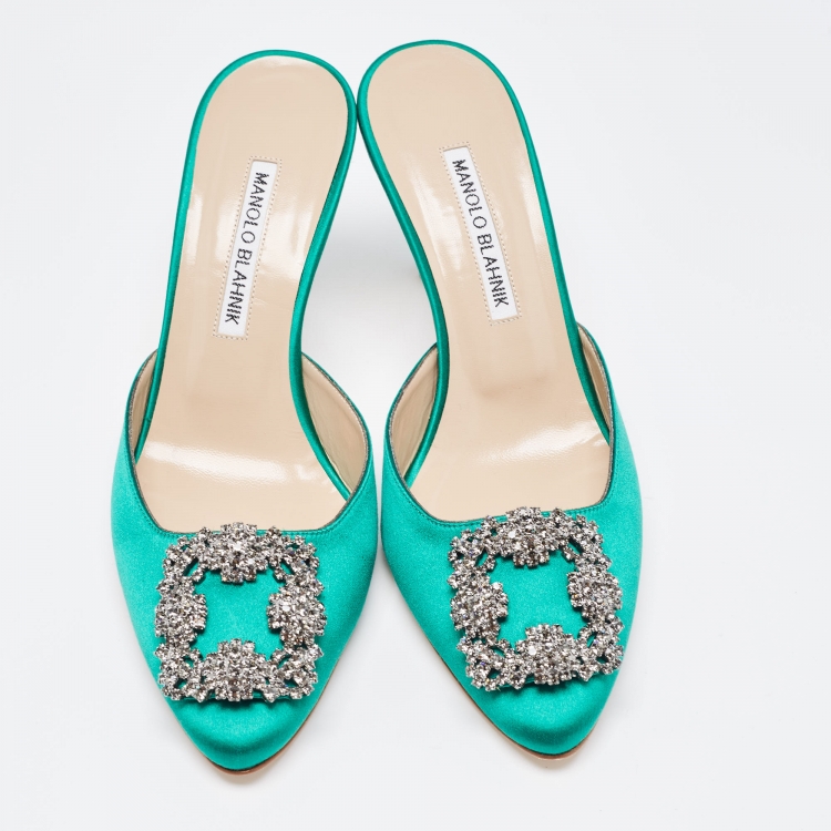 Pre Owned Manolo Blahnik Green Satin Hangisi Mules Size 37.5