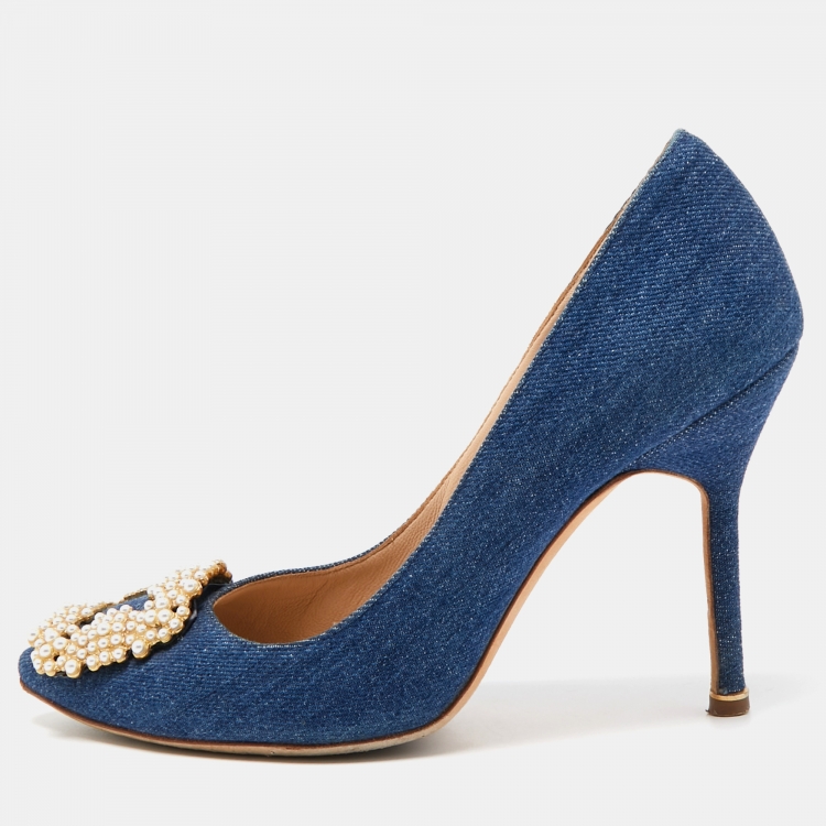 Pre Owned Manolo Blahnik Blue Denim Pearl Embellished Hangisi Pumps Size 38