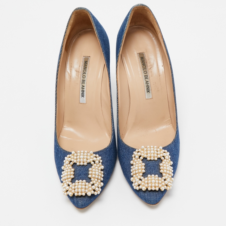 Pre Owned Manolo Blahnik Blue Denim Pearl Embellished Hangisi Pumps Size 38