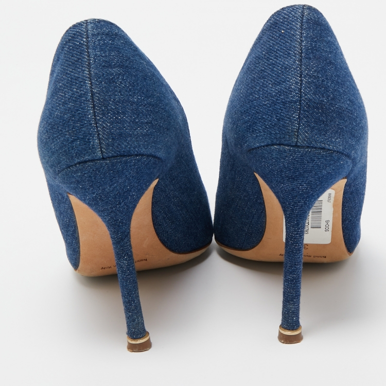 Pre Owned Manolo Blahnik Blue Denim Pearl Embellished Hangisi Pumps Size 38