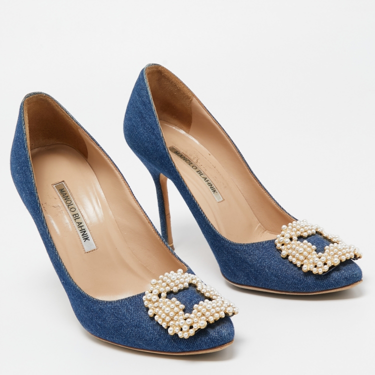 Pre Owned Manolo Blahnik Blue Denim Pearl Embellished Hangisi Pumps Size 38