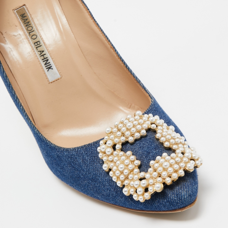 Pre Owned Manolo Blahnik Blue Denim Pearl Embellished Hangisi Pumps Size 38