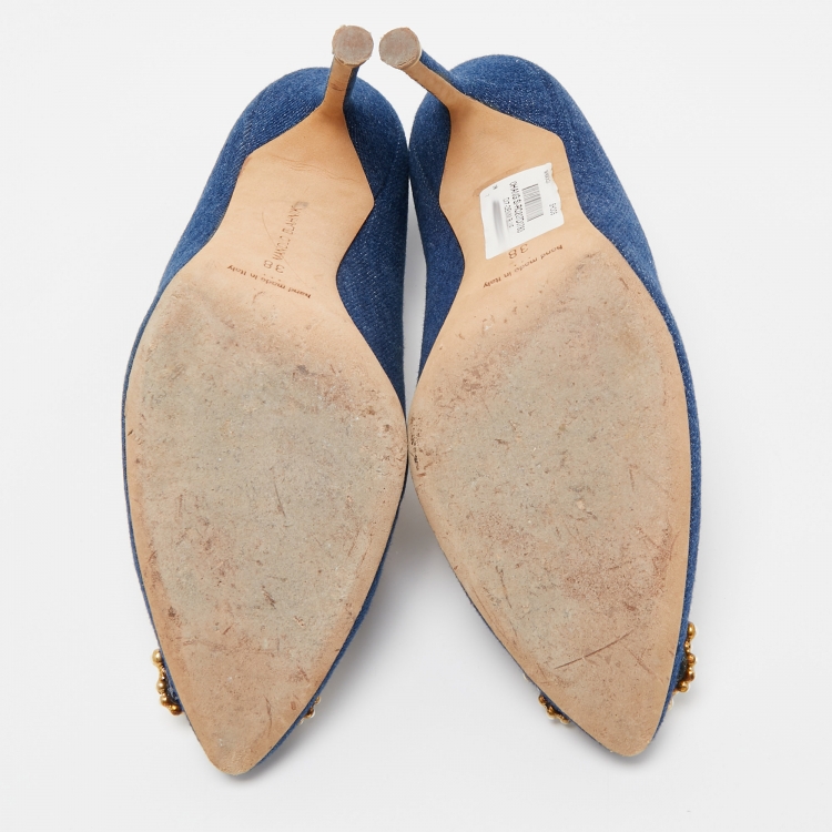 Pre Owned Manolo Blahnik Blue Denim Pearl Embellished Hangisi Pumps Size 38