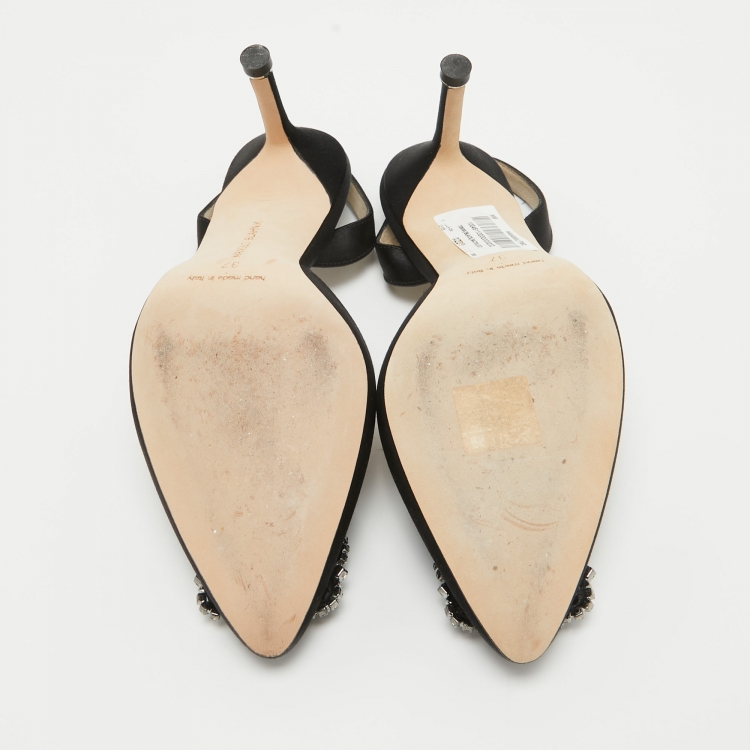 Pre Owned Manolo Blahnik Black Satin Hangisli Slingback Pumps Size 37