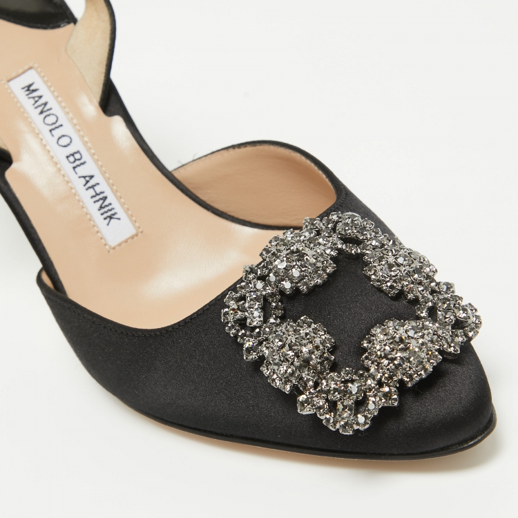 Pre Owned Manolo Blahnik Black Satin Hangisli Slingback Pumps Size 37