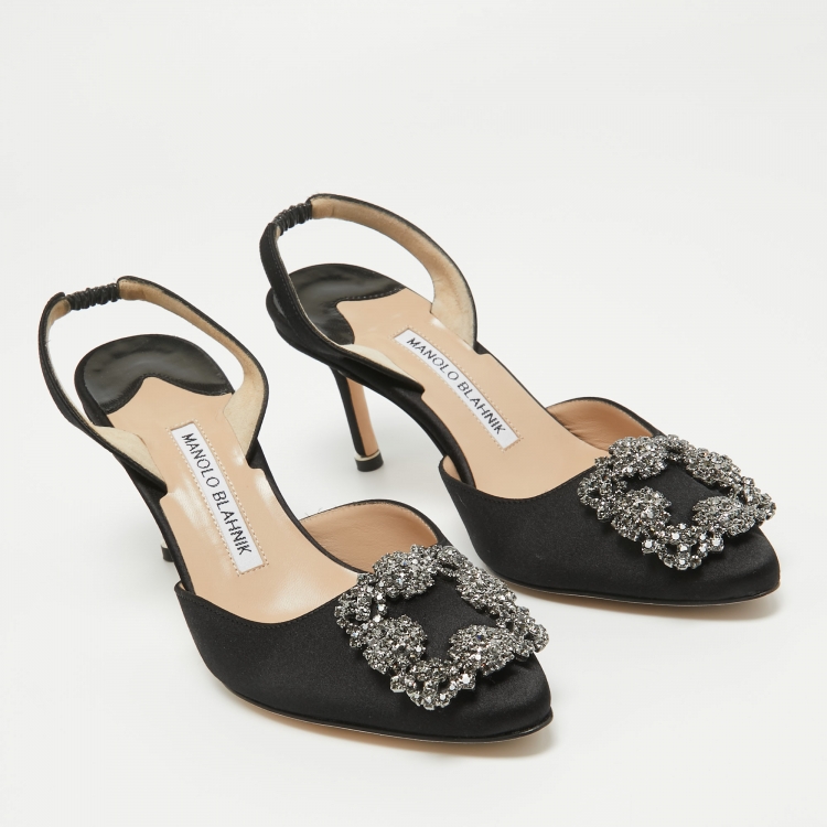 Pre Owned Manolo Blahnik Black Satin Hangisli Slingback Pumps Size 37