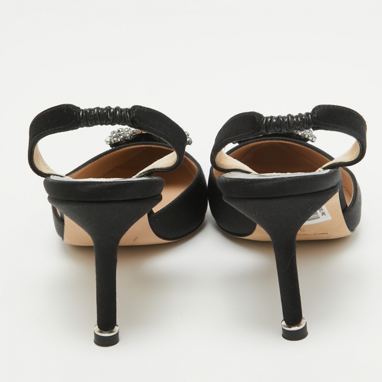 Pre Owned Manolo Blahnik Black Satin Hangisli Slingback Pumps Size 37