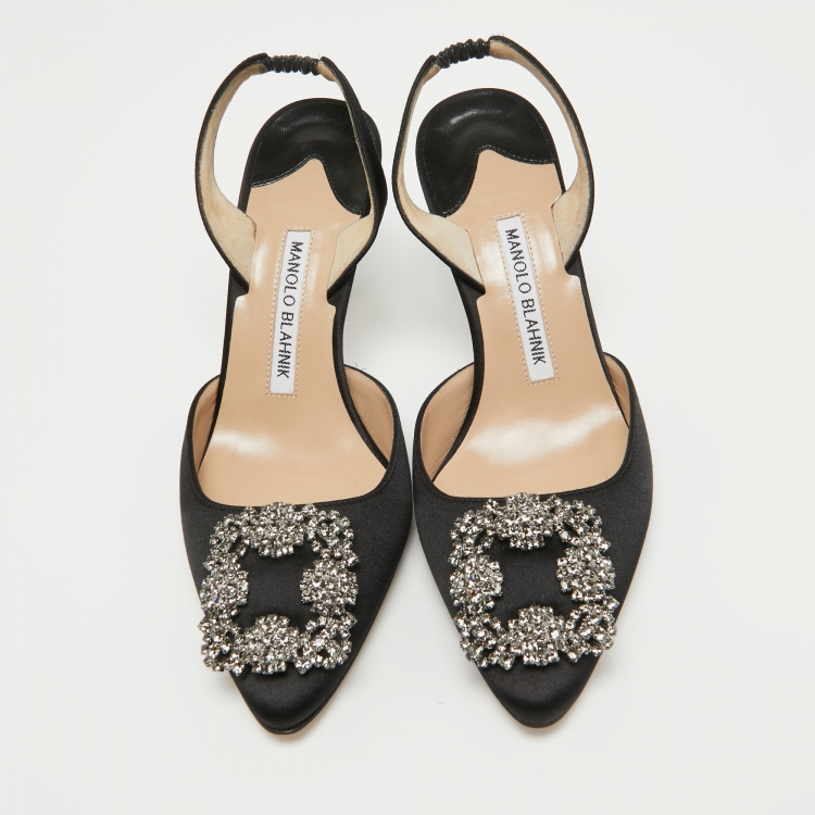 Pre Owned Manolo Blahnik Black Satin Hangisli Slingback Pumps Size 37