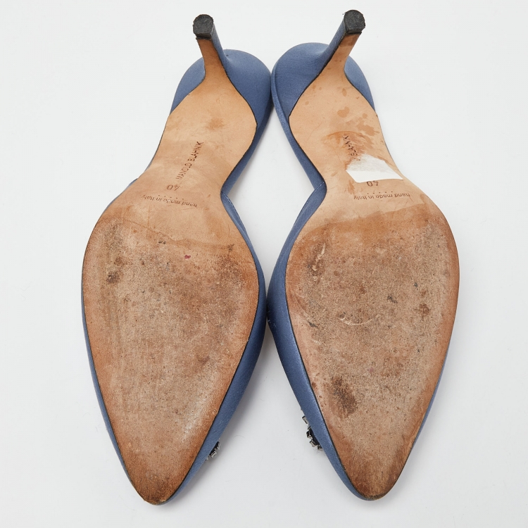 Pre Owned Manolo Blahnik Blue Satin Hangisimu Mules Size 40