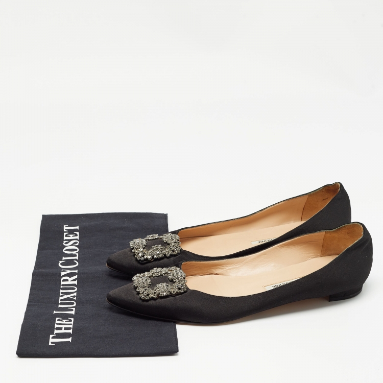 Pre Owned Manolo Blahnik Black Satin Hangisi Ballet Flats Size 39.5