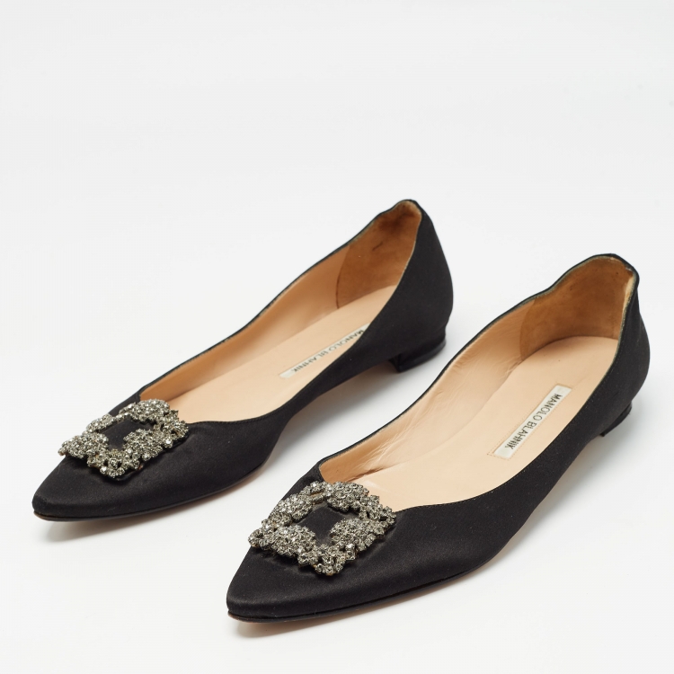 Pre Owned Manolo Blahnik Black Satin Hangisi Ballet Flats Size 39.5