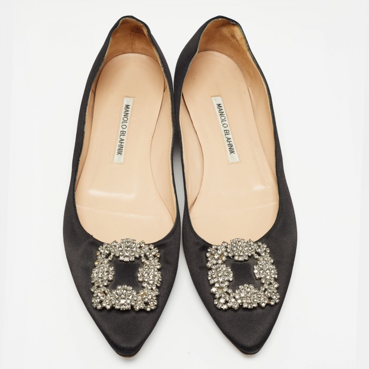 Pre Owned Manolo Blahnik Black Satin Hangisi Ballet Flats Size 39.5