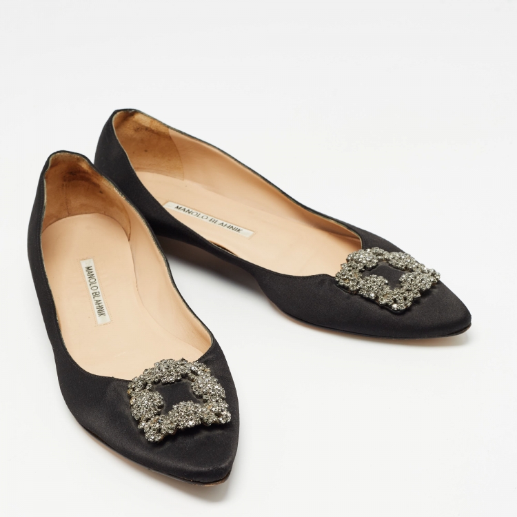 Pre Owned Manolo Blahnik Black Satin Hangisi Ballet Flats Size 39.5