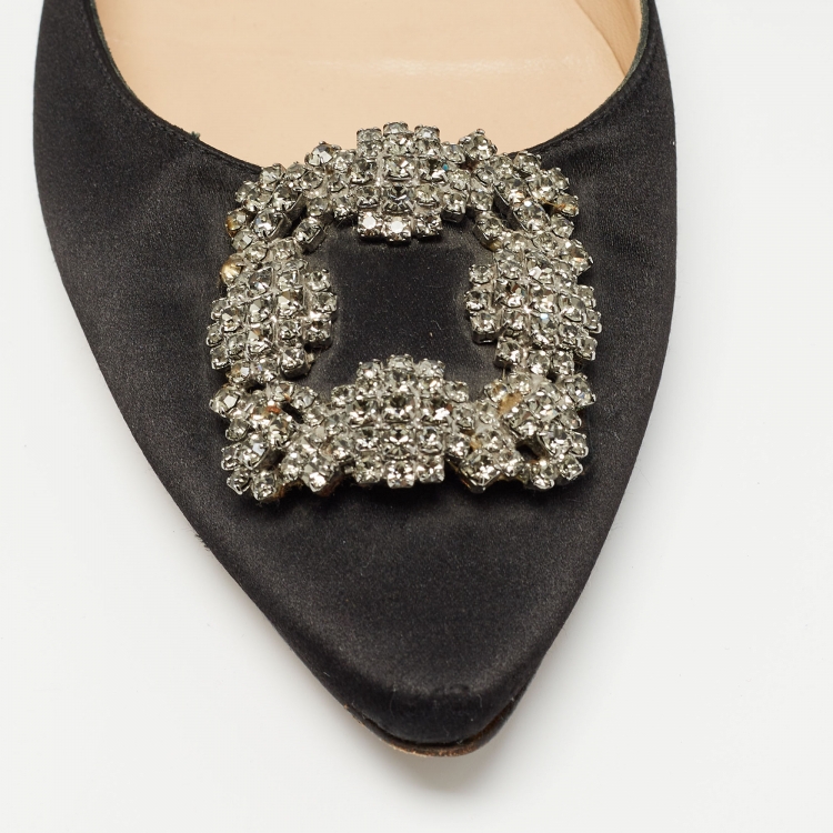 Pre Owned Manolo Blahnik Black Satin Hangisi Ballet Flats Size 39.5