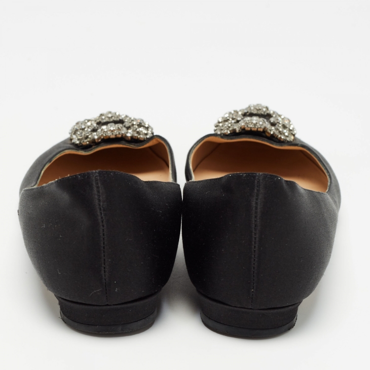 Pre Owned Manolo Blahnik Black Satin Hangisi Ballet Flats Size 39.5