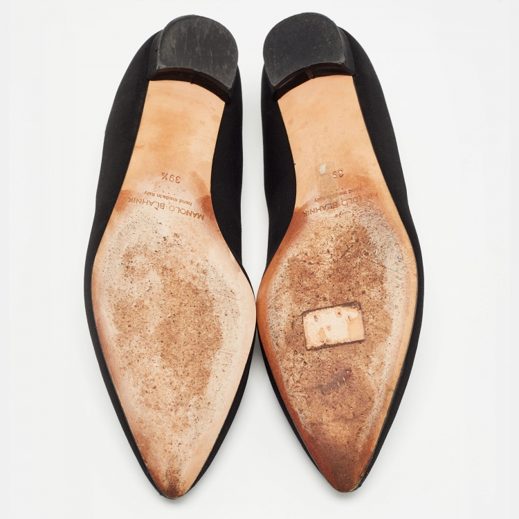 Pre Owned Manolo Blahnik Black Satin Hangisi Ballet Flats Size 39.5
