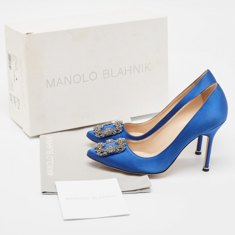 Pre Owned Manolo Blahnik Blue Satin Hangisi Pumps Size 37.5