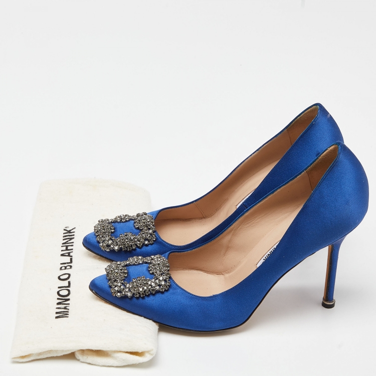 Pre Owned Manolo Blahnik Blue Satin Hangisi Crystal Embellished Pumps Size 38