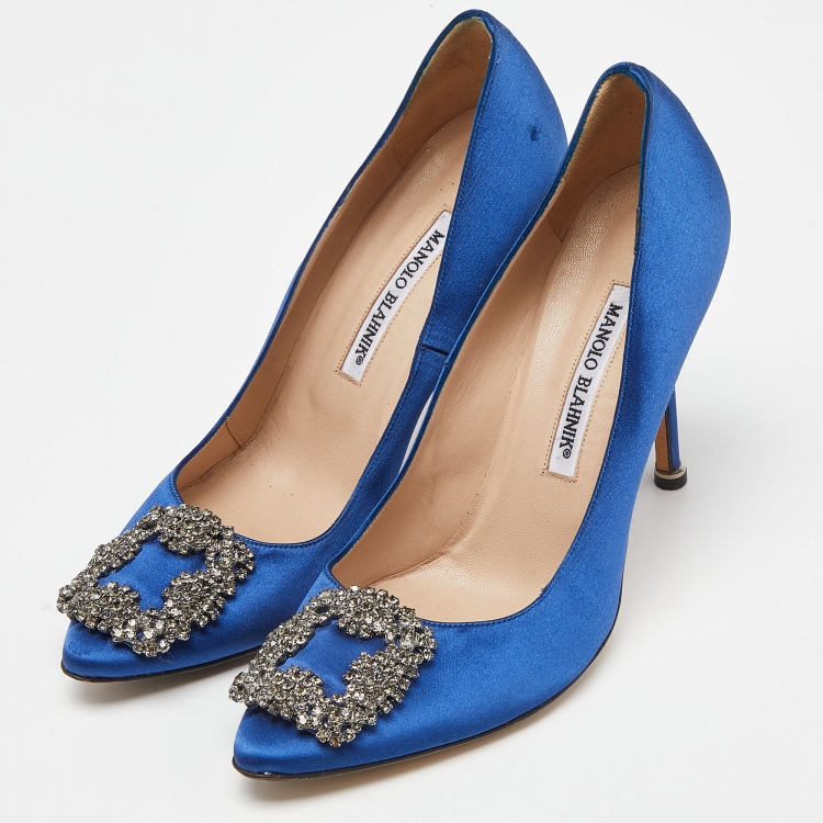 Pre Owned Manolo Blahnik Blue Satin Hangisi Crystal Embellished Pumps Size 38