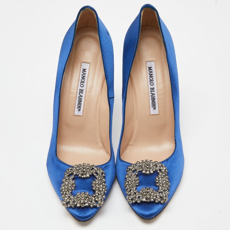 Pre Owned Manolo Blahnik Blue Satin Hangisi Crystal Embellished Pumps Size 38