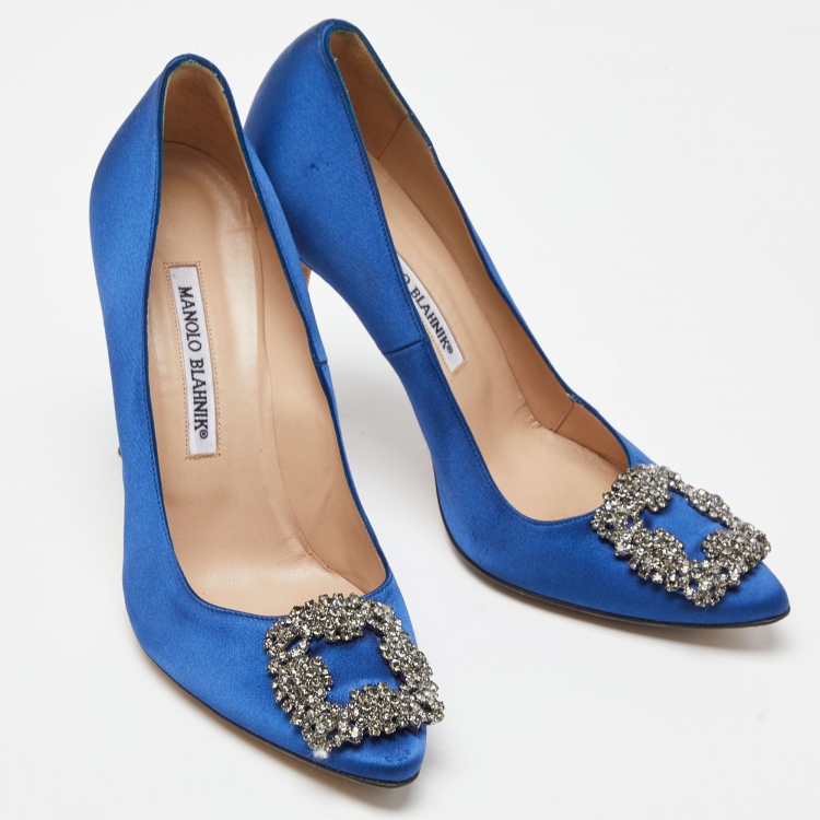 Pre Owned Manolo Blahnik Blue Satin Hangisi Crystal Embellished Pumps Size 38