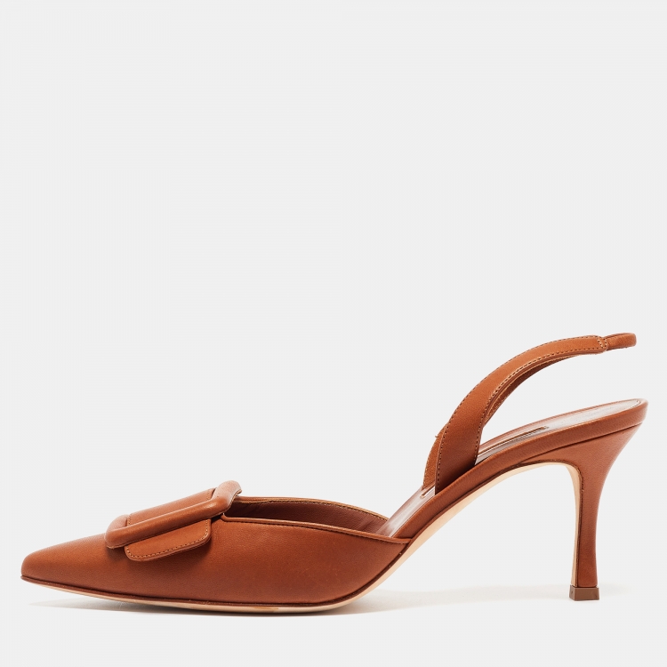 Pre Owned Manolo Blahnik Brown Leather Maysli Slingback Pumps Size 39.5