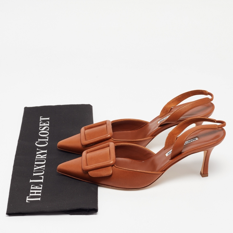 Pre Owned Manolo Blahnik Brown Leather Maysli Slingback Pumps Size 39.5