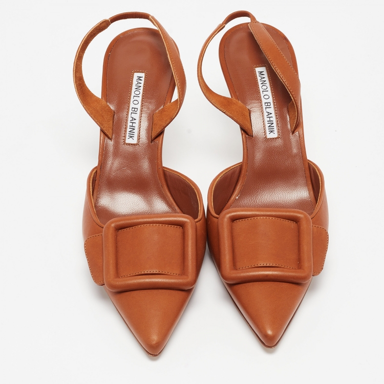 Pre Owned Manolo Blahnik Brown Leather Maysli Slingback Pumps Size 39.5