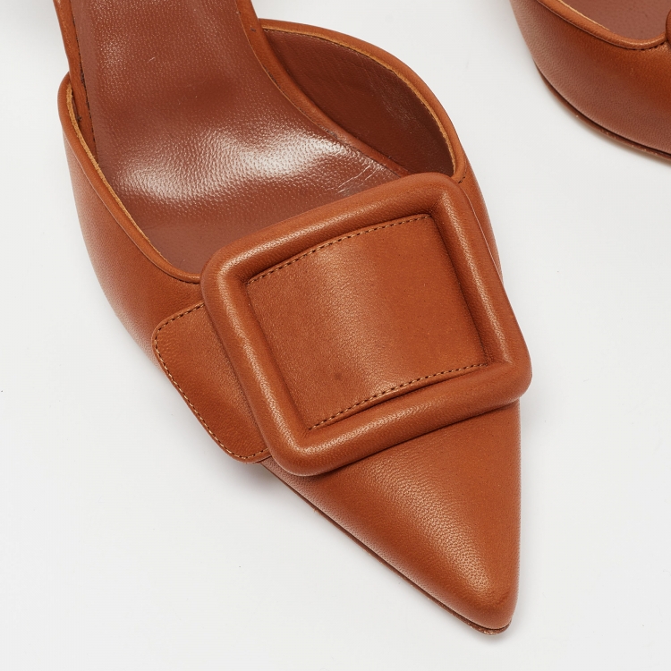 Pre Owned Manolo Blahnik Brown Leather Maysli Slingback Pumps Size 39.5