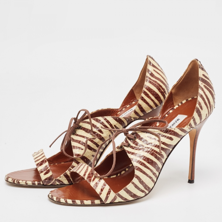 Pre Owned Manolo Blahnik Cream/Brown Printed Python Lace Up Sandals Size 40