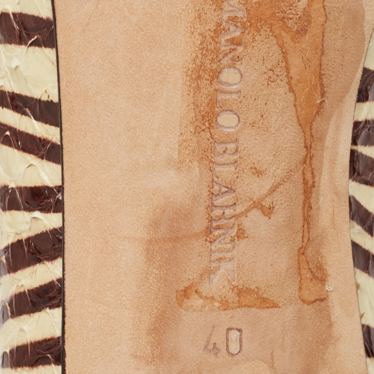 Pre Owned Manolo Blahnik Cream/Brown Printed Python Lace Up Sandals Size 40