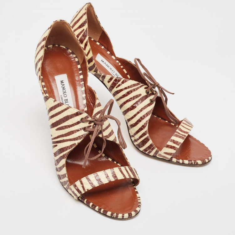Pre Owned Manolo Blahnik Cream/Brown Printed Python Lace Up Sandals Size 40