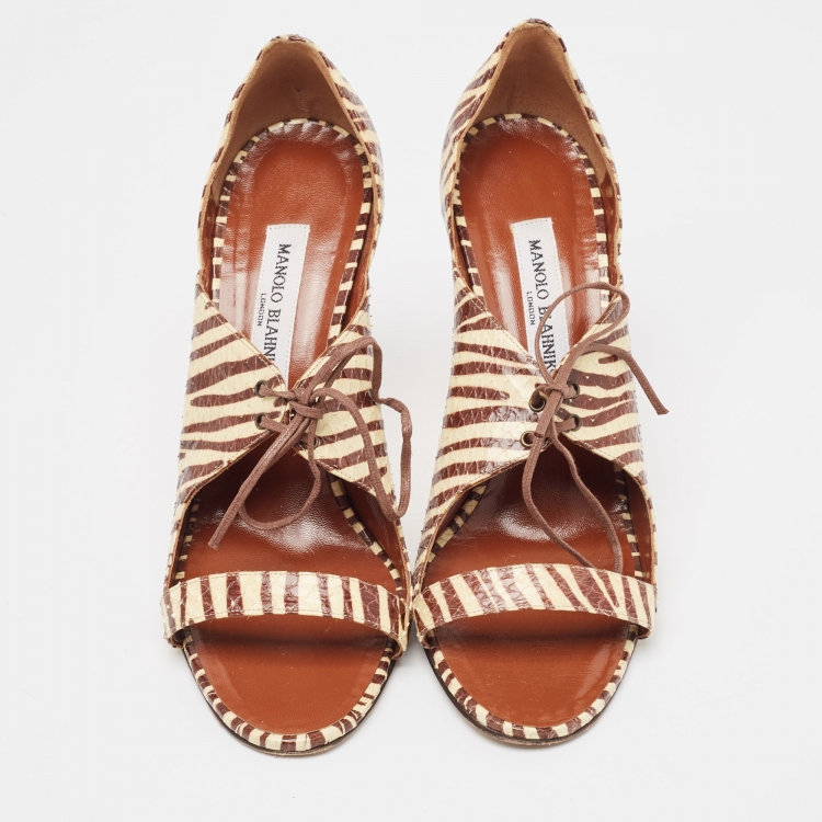 Pre Owned Manolo Blahnik Cream/Brown Printed Python Lace Up Sandals Size 40