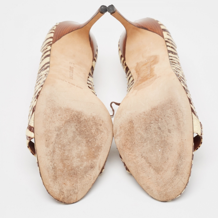 Pre Owned Manolo Blahnik Cream/Brown Printed Python Lace Up Sandals Size 40