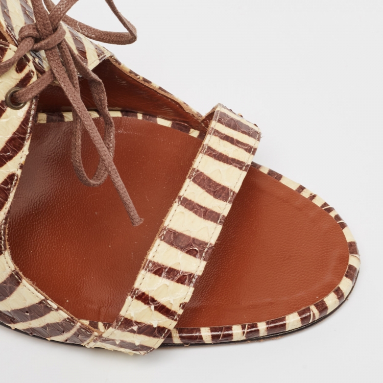 Pre Owned Manolo Blahnik Cream/Brown Printed Python Lace Up Sandals Size 40
