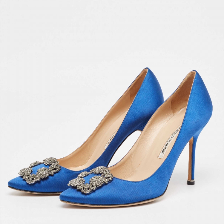 Pre Owned Manolo Blahnik Blue Satin Hangisi Pumps Size 38.5