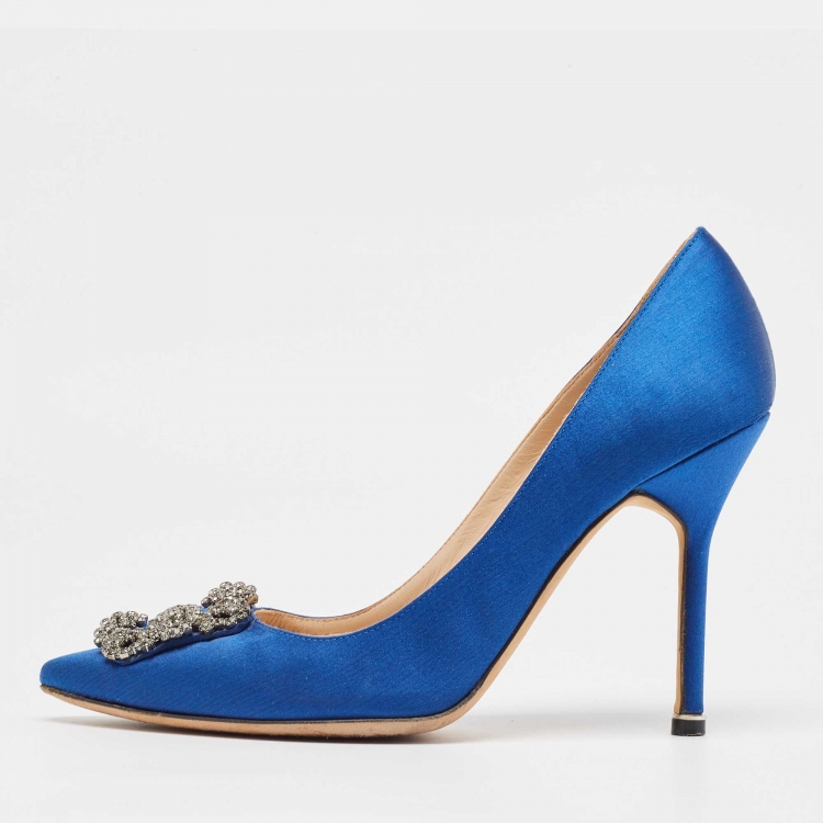Pre Owned Manolo Blahnik Blue Satin Hangisi Pumps Size 38.5