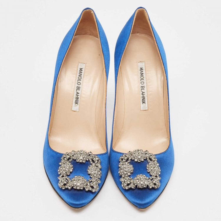 Pre Owned Manolo Blahnik Blue Satin Hangisi Pumps Size 38.5