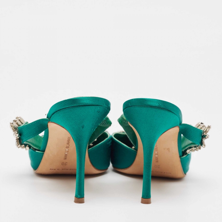 Pre Owned Manolo Blahnik Green Satin Crystal Embellished Lurum Mules Size 39