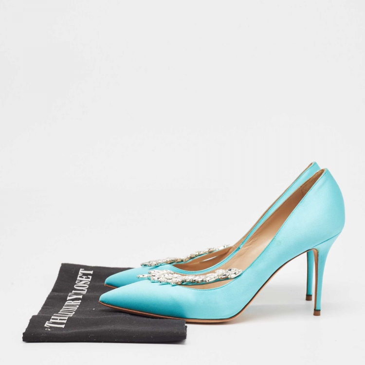 Pre Owned Manolo Blahnik Blue Satin Nadira Pumps Size 38.5