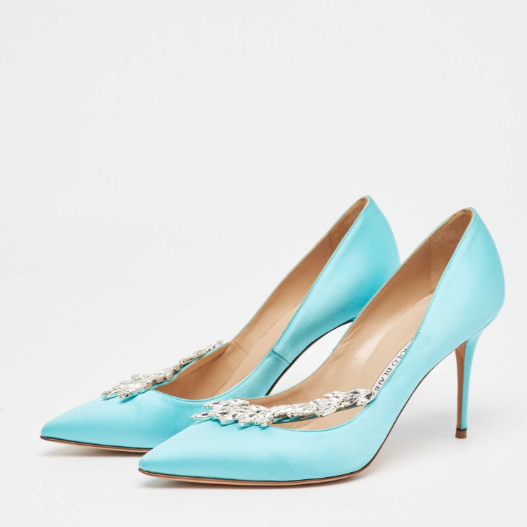 Pre Owned Manolo Blahnik Blue Satin Nadira Pumps Size 38.5
