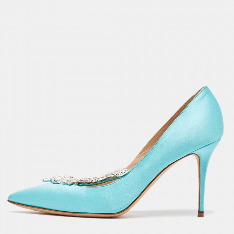 Pre Owned Manolo Blahnik Blue Satin Nadira Pumps Size 38.5