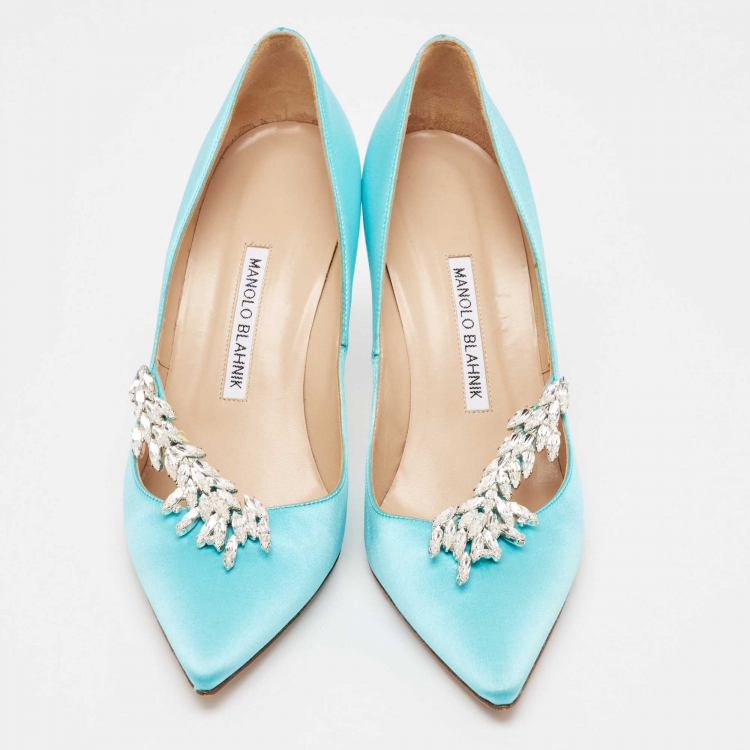Pre Owned Manolo Blahnik Blue Satin Nadira Pumps Size 38.5