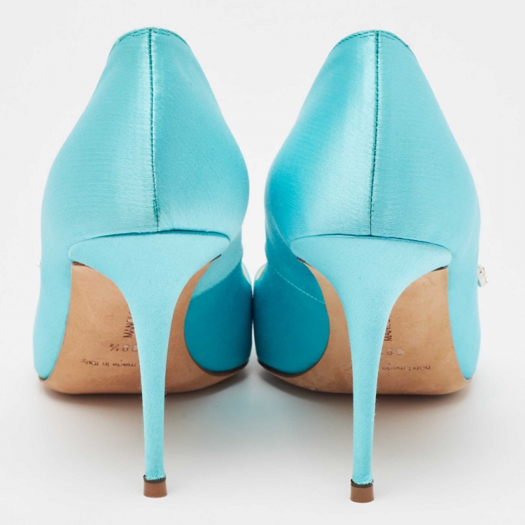 Pre Owned Manolo Blahnik Blue Satin Nadira Pumps Size 38.5