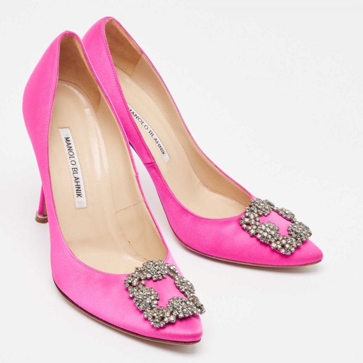 Pre Owned Manolo Blahnik Pink Satin Hangisi Pumps Size 38.5